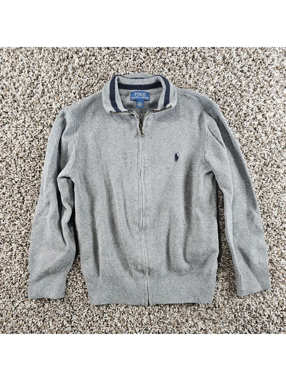 Polo Ralph Lauren Boys Sz 7 Zip Up Cotton Cardigan Sweater Light Gray